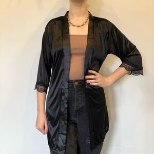 Elegant Black Lace Trim Kimono Robe cotton blend